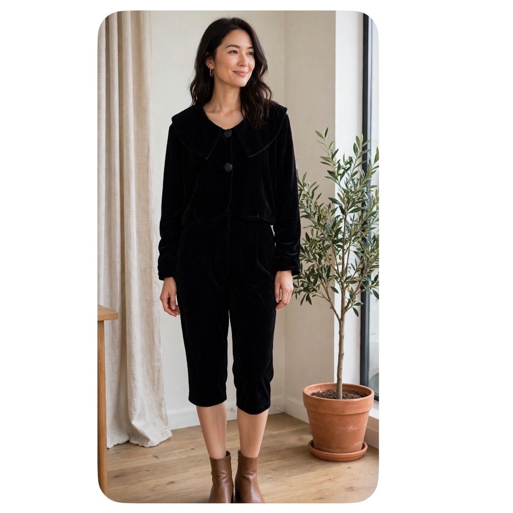 Terrible Twins London Black Velvet 2 Piece Set Jacket Cropped Pants Made Britain